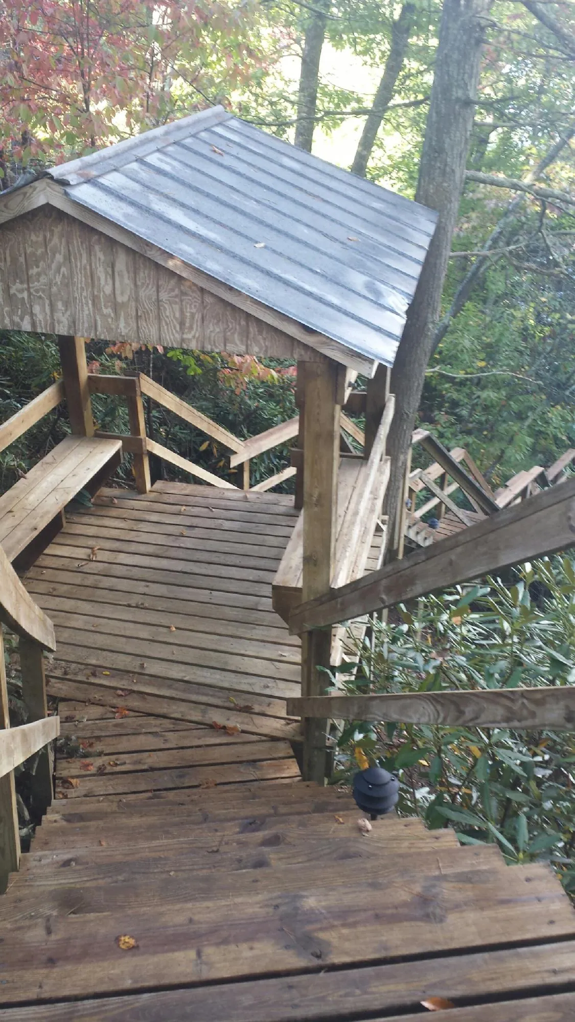 Metal roofed shelter over wooden steps on a wooded walkway — Skylight Repair & Installation work by our crew in Roulette